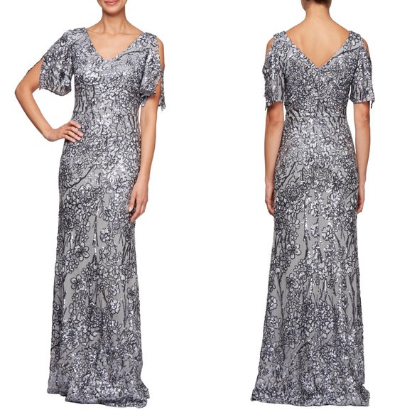 Alex Evenings Dresses & Skirts - NEW ALEX EVENINGS Silver SEQUIN Lace COLD SHOULDER Evening Dress TRUMPET GOWN 8P